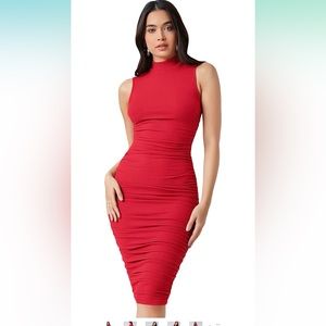Sexy Red Solid Sleeveless Mock Neck Knee Length Ruched Bodycon Dress